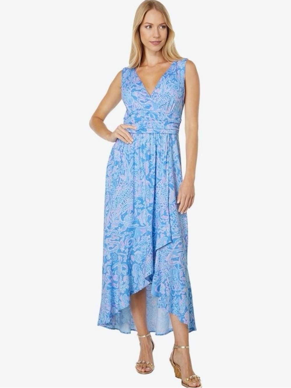 Lilly Pulitzer Moana Maxi Faux Wrap Dress Boca Blue Sea Animal Print